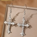 Gothic vintage stainless steel cross earrings with fleur-de-lis and central crystal - Silver Vintage Cross Style (C5874) / Silver