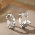 Silver marine theme rings featuring starfish and seashell designs in adjustable open style - Silver Ocean Element Style (C7122)