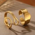 Unregelmäßige Lava-Stil und perlenbesetzte doppellagige 18K vergoldete Edelstahlringe - Gold Unregelmäßiges Und Gedrehtes Set (C7267)