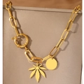 Golden stainless steel paperclip chain necklace with leaf and round tag charms - Gold (N8939)
