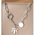 Silver stainless steel thick chain necklace with leaf pendant and round tag detail - Silver (N8940)