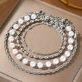 Vintage silver multi-layer chain bracelet set with faux pearls and geometric beads - Silver Stacking Four-Piece Set (C5304)