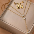 Elegant gold-plated geometric jewelry set with sparkling crystals and drop necklace - Gold Necklace And Earrings Set (F295)