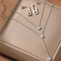 Elegant silver stainless steel jewelry set with Y-shaped necklace and rectangular earrings - Silver Necklace And Earrings Set (F296)