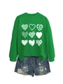 Felpa verde erba con nove cuori e pantaloncini di jeans blu con strappi piatti - S / Verde Erba (Stampa Bianca)