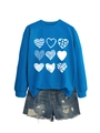 Royal blue sweatshirt with nine heart patterns and distressed denim shorts flat lay view - Lake Blue (White Print)