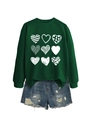 Detail of dark green sweatshirt with heart print and distressed denim shorts - Dark Green (White Print)