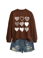 Detail of heart patterns and LOVE text print on a brown crewneck sweatshirt - Coffee (White Print)