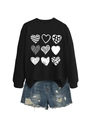 Flat lay of black sweatshirt with nine heart prints and distressed denim shorts set - Black (White Print)
