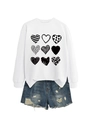 Detail of white crewneck sweatshirt featuring nine heart patterns and vintage denim shorts - White (Black Print)