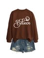 Detail of Believe printed brown sweatshirt and distressed blue denim shorts set - S / Coffee with White Graphic