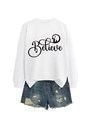 Flat lay of a white crewneck sweatshirt with Believe print and frayed blue denim shorts - S / White with Black Graphic