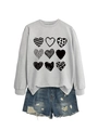 Detail of grey crewneck sweatshirt with nine heart prints and love typography design - Grey (Black Print)