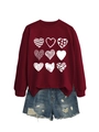 Detail of heart patterns and LOVE text print on a dark red crewneck sweatshirt - Wine Red (White Print)