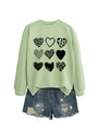 Detail view of light green crewneck sweatshirt featuring nine heart patterns and side slit hem - Olive Green (Black Print)