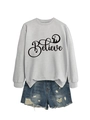 Detailed flat lay of a grey Believe crewneck sweatshirt and distressed blue denim shorts - S / Gray with Black Graphic