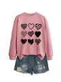 Detail of pink crewneck sweatshirt with nine black hearts and distressed denim shorts - Rose Gold (Black Print)