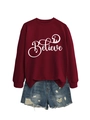 Flat lay of a red Believe sweatshirt paired with blue distressed denim shorts - S / Wine Red with White Graphic