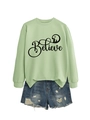 Flat lay of a light green crewneck sweatshirt with Believe nativity print and denim shorts - S / Olive Green with Black Graphic