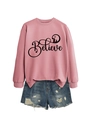 Pink crew neck sweatshirt featuring Believe print with nativity silhouette and denim shorts - S / Rose Gold with Black Graphic