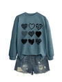 Close-up of heart print sweatshirt with love design and distressed denim shorts detail - Blue (Black Print)