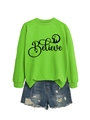 Flat lay of bright green crewneck sweatshirt with Believe print and ripped denim shorts - S / Fluorescent Green with Black Graphic