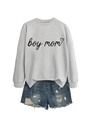 Detail of light gray crewneck sweatshirt with boy mom text and heart print detail - Grey (Black Font)