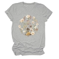 Detailansicht des Retro-Blumenkranz-Drucks auf grauem T-Shirt mit Rollärmeln - S / Hellgrau