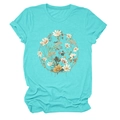 Close-up of a floral wreath art print on a teal round neck short sleeve T-shirt - Deep Water Blue