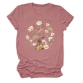 Detail of floral wreath print on pink crew neck T-shirt with rolled sleeve cuffs - Rose Gold