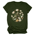 Close-up of circular floral print on dark green short sleeve t-shirt with daisy details - Army Green