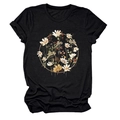 Close-up of vintage floral wreath print on women's black cotton crew neck short sleeve T-shirt - Black
