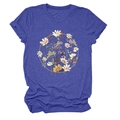 Detail of blue heather T-shirt featuring a floral wreath print with daisies and berries - Vintage Blue
