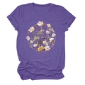 Close-up of a floral wreath print on a purple heather texture crew neck T-shirt - Purple