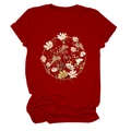 Detailed macro view of the floral wreath print on this dark red round neck short sleeve tee - Red