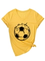 Detail of V-neck yellow Game Day T-shirt with soccer print and stylish front knot - S / Yellow (Black Pattern)