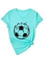 Detail of mint green V-neck T-shirt with game day football print and side knot design - S / Deep Water Blue (Black Graphic)