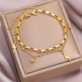 Double-layer gold stainless steel lightning charm bracelet with adjustable chain on silk - Gold