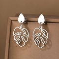 Elegante Ohrhänger aus Edelstahl mit hohlem Blatt und Tropfenanhänger für Damen - Silber