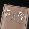 Minimalist stainless steel horse head silhouette drop earrings on brown leather box - Silver Style (N8354)