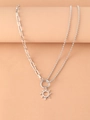 Silver hollow sun pendant necklace with unique mixed bead and link chain design - Silver (N8882)