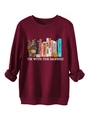 Detail eines burgunderfarbenen Sweatshirts mit Buchillustration und Slogan-Aufdruck - Weinrot (Weiße Grafik)