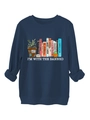 Detail des dunkelblauen Sweatshirts mit Buchdrucken und gerippter Manschettenstruktur - Marineblau (Weiße Grafik)