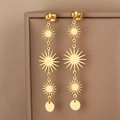 Boucles d'oreilles pendantes en acier doré avec motifs soleil et pendentifs ronds - Or (N9723)