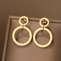 Polished gold double circular geometric drop earrings made of stainless steel for women - Polished Gold Plated Double Circle Style (N5339)