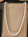 Detail of double-layer stainless steel waist chain with white pearls and paperclip link design - Silver Double Layer Pearl Chain Style (C6818)