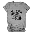 Detail eines grauen T-Shirts mit Rundhalsausschnitt und Girls Just Wanna Have Sun Aufdruck - S / Dunkelgrau (Schwarze Schrift)