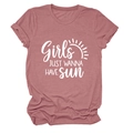 T-shirt rose en coton à plat avec imprimé blanc Girls JUST WANNA HAVE SUN stylé - S / Or Rose (Police Blanche)