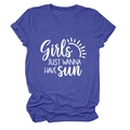 Détail du t-shirt bleu avec slogan Girls Just Wanna Have Sun blanc et motif soleil épuré - S / Bleu Vintage (Police Blanche)