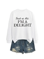 Flat lay detail of white slogan sweatshirt and distressed blue denim shorts set - White (Black Font)